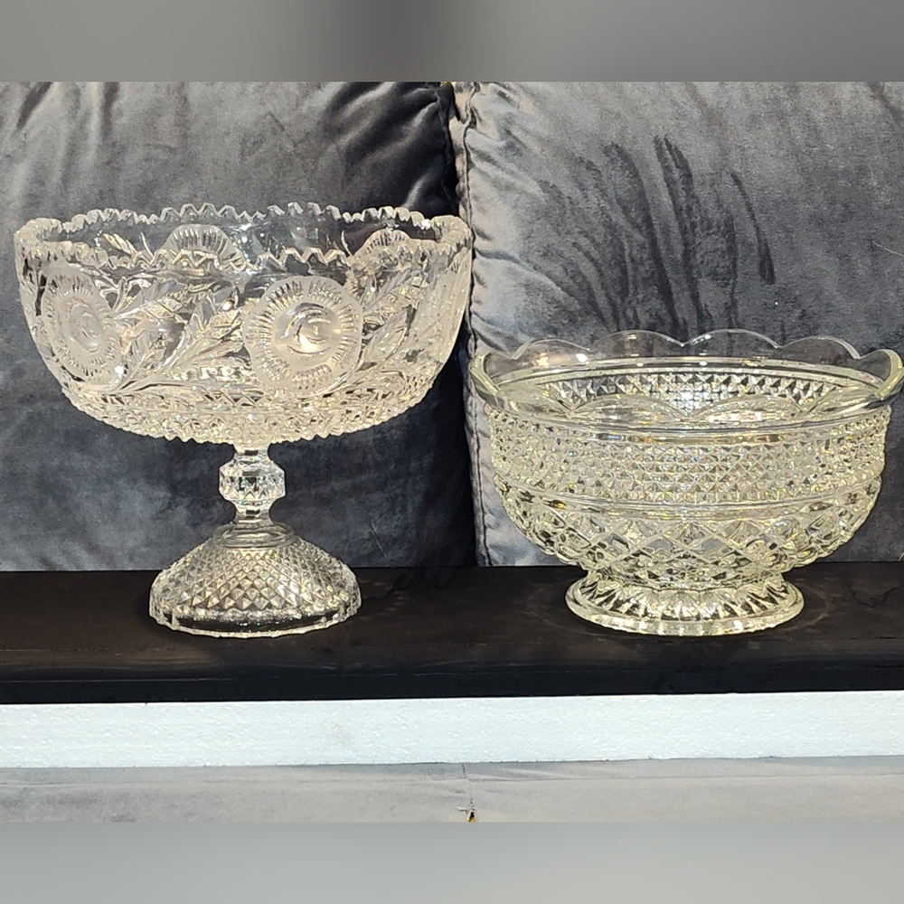 1950s MILLER IMPORTS & WEXFORD CRYSTAL ETCHED & PRESSED CENTERPIECE BOWL SET